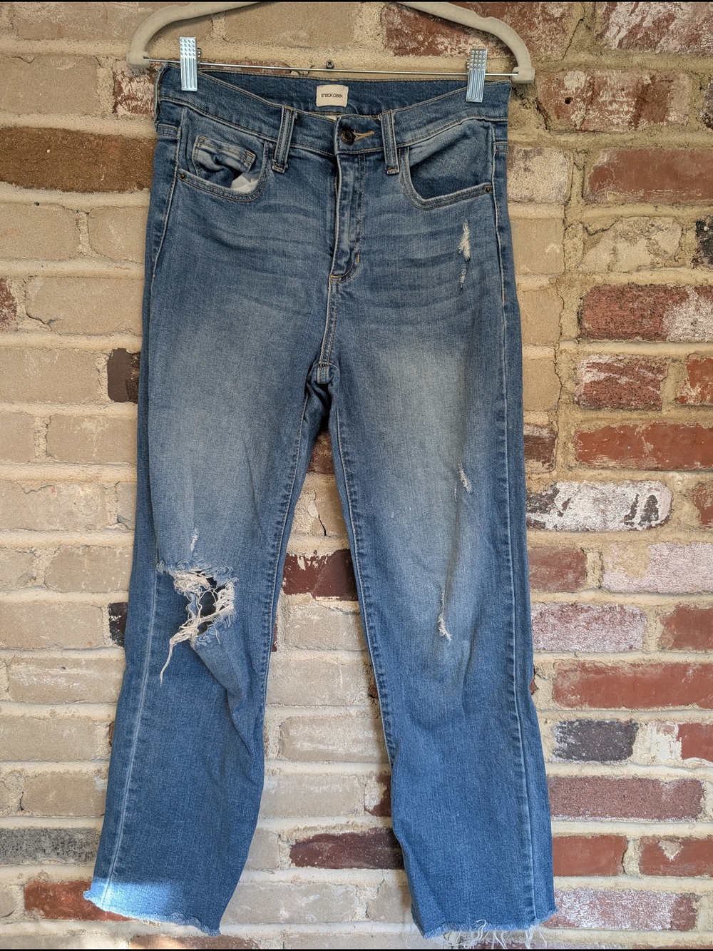 Sneak Peek Straight-Leg Distressed Blue Jeans